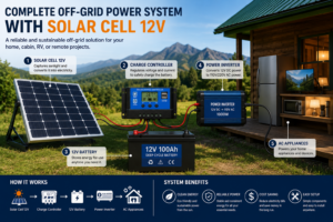 Complete off-grid power setup featuring a solar cell 12v, battery, and inverter