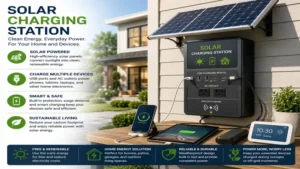 Residential solar charging station supplying clean energy for household electronics and portable devices.