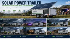 Solar power trailer supporting emergency response, outdoor events, construction sites, and mobile power applications