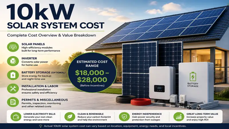 10kw solar system cost overview showing a residential solar installation with panels, inverter, battery storage, and installation components