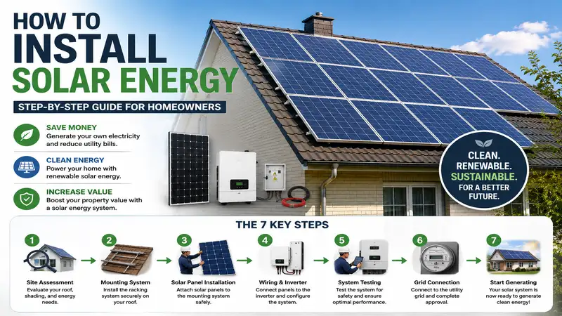 how to install solar energy with rooftop solar panels, inverter, and a step-by-step residential installation overview