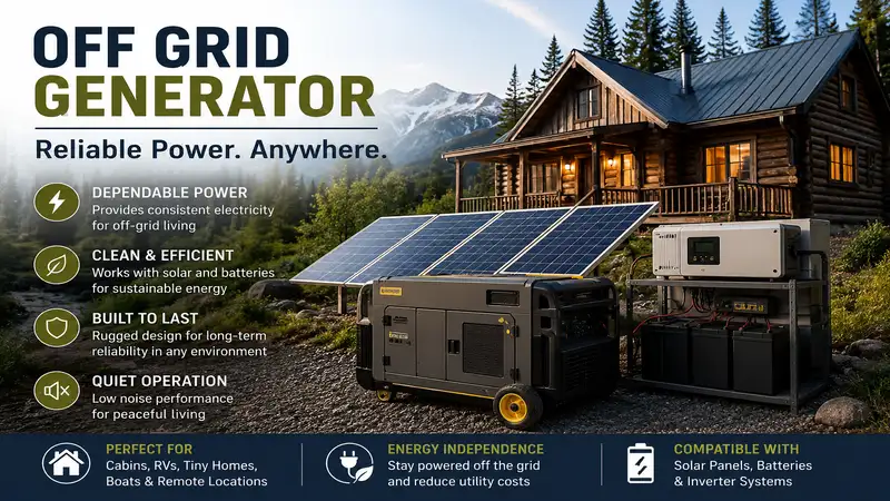 Off grid generator powering a remote cabin with solar panels and battery storage