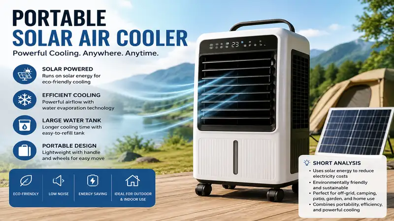 Portable solar air cooler providing efficient and eco-friendly cooling with solar power