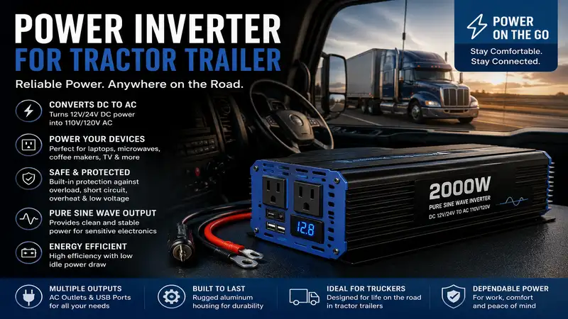 Reliable power inverter for tractor trailer providing AC power for appliances, electronics, and tools on the road.