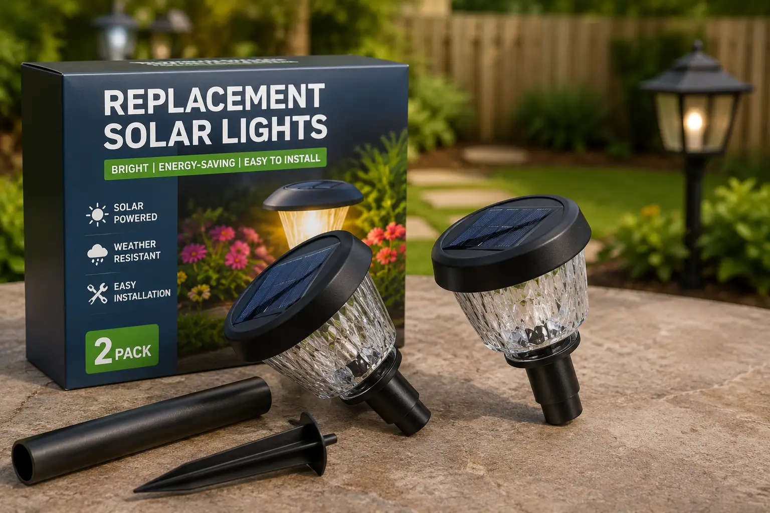Replacement solar lights with solar panels and ground stakes displayed in a bright outdoor garden setting.