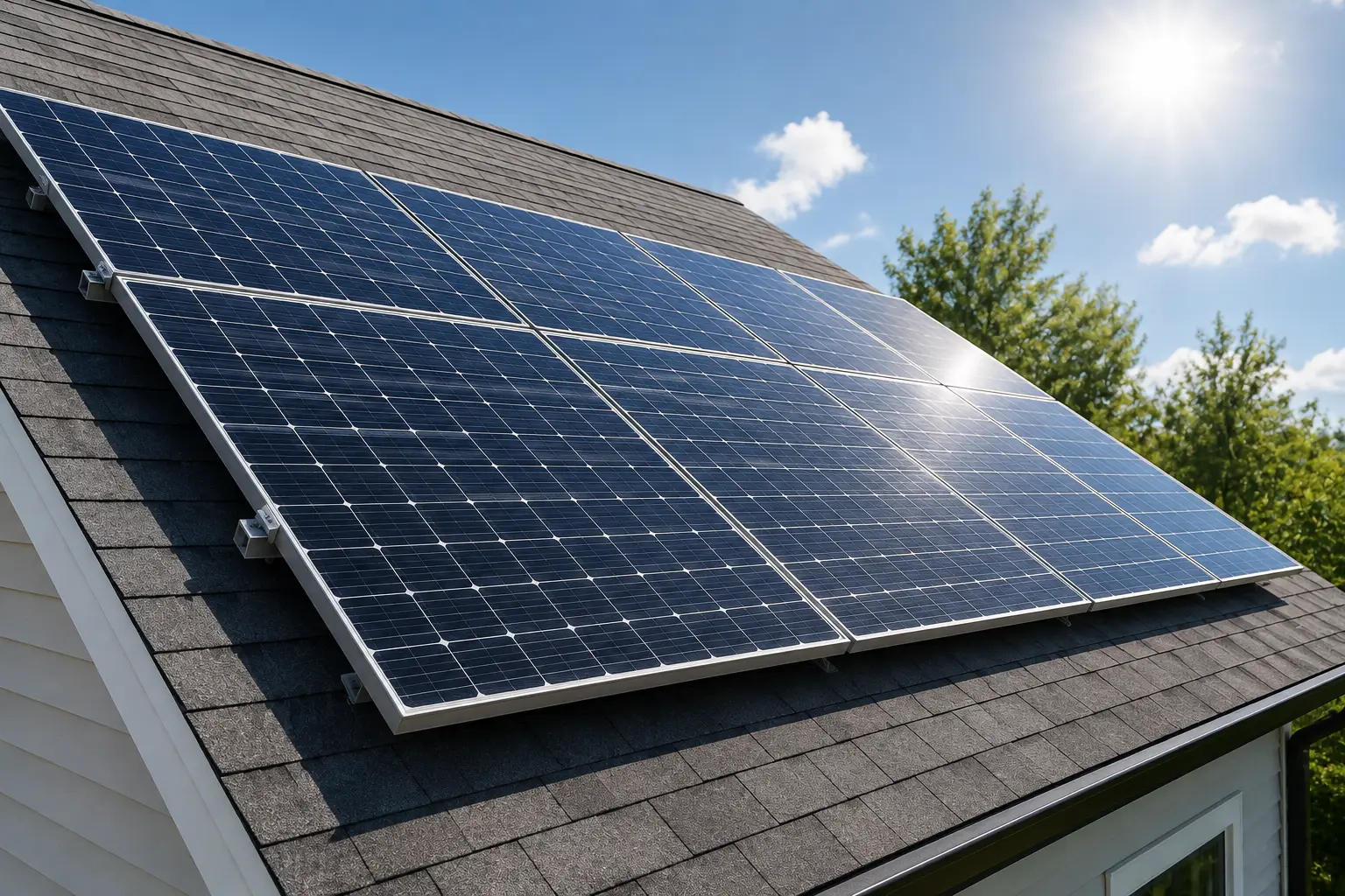 Rigid solar panels mounted securely on a residential roof under bright natural sunlight.