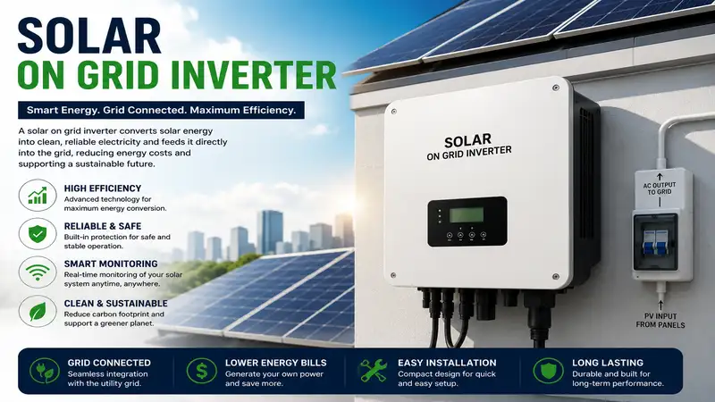 Solar on grid inverter converting solar energy into usable electricity for residential and commercial grid-tied systems