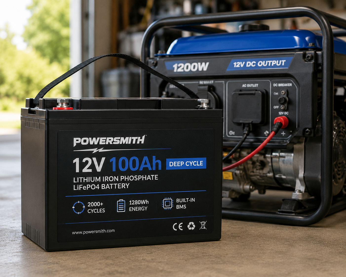 12V generator battery connected to a portable generator for reliable off-grid power