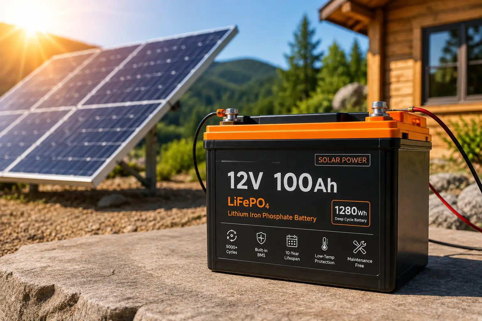 12V solar battery connected to a solar panel system for reliable renewable energy storage.