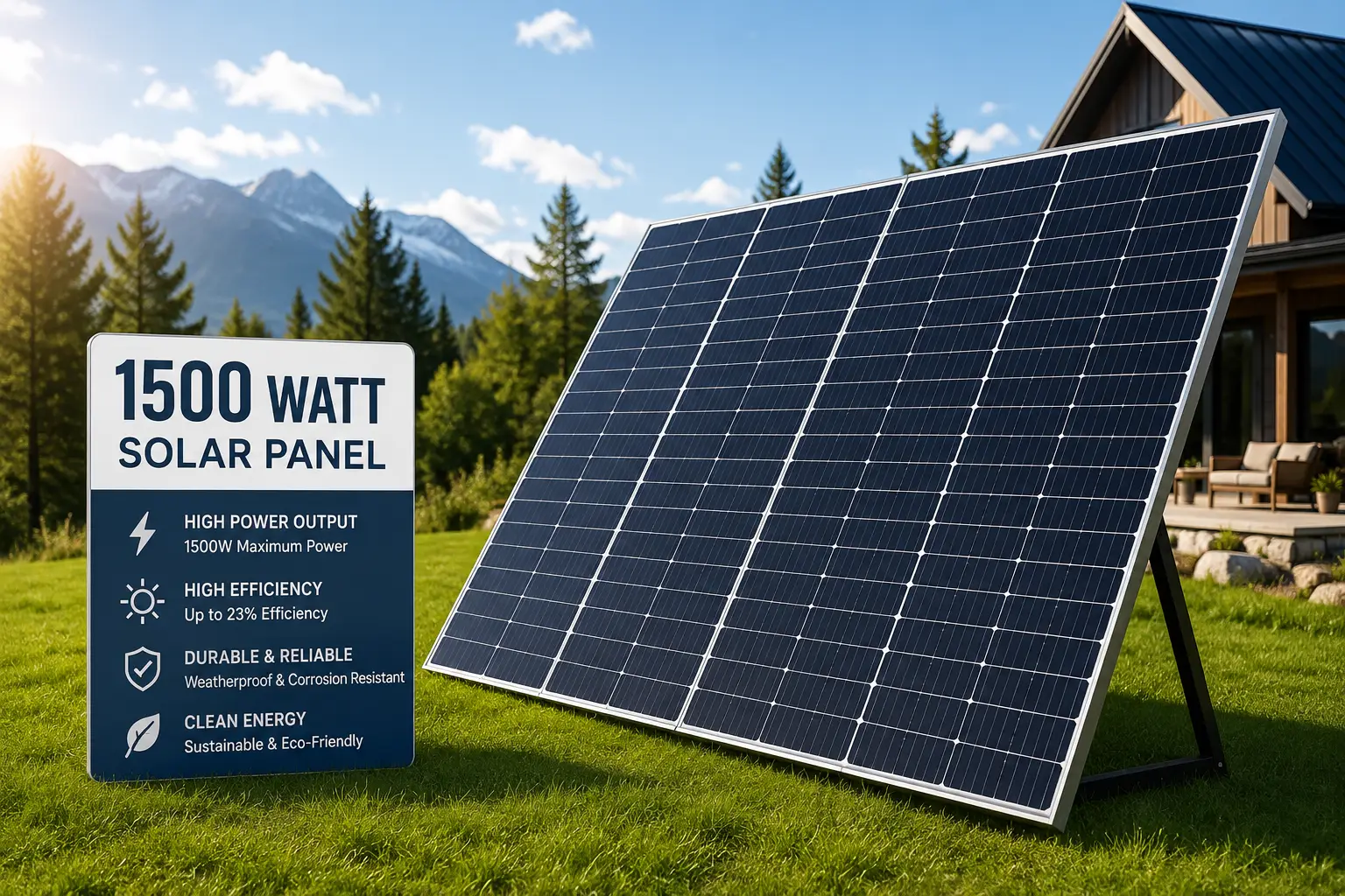1500 watt solar panel installed outdoors in bright sunlight for high-power renewable energy generation.