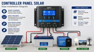 controller panel solar installed between solar panels, battery, and inverter