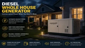 diesel whole house generator supplying backup electricity during a power outage