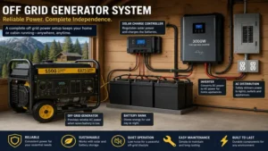 Off grid generator system connected to batteries and an inverter for reliable electricity