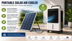 Portable solar air cooler connected to a solar panel for energy-efficient cooling
