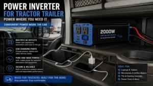 Power inverter for tractor trailer mounted inside the truck cab with multiple AC outlets and USB charging ports.