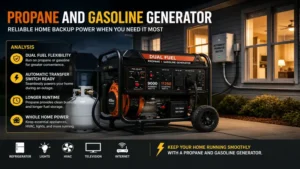 propane and gasoline generator supplying reliable home backup power during an outage
