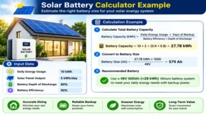 Solar battery calculator example demonstrating step-by-step battery sizing with real energy consumption values.
