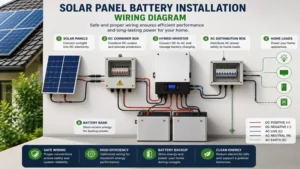 Solar panel battery installation wiring diagram showing safe connections between solar panels, inverter, battery, and home