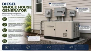diesel whole house generator connected to a home electrical system for automatic backup power