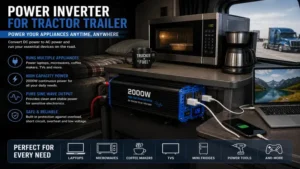 Power inverter for tractor trailer powering a laptop, microwave, and small appliances during rest breaks.