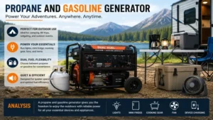 propane and gasoline generator providing portable power for camping, RVs, and outdoor activities