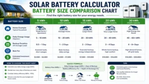 Solar battery calculator chart comparing battery sizes, backup duration, energy usage, and recommended applications.