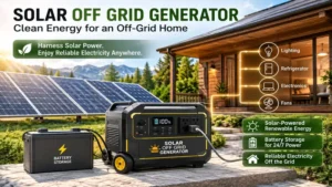 Solar off grid generator providing clean energy for an off-grid home