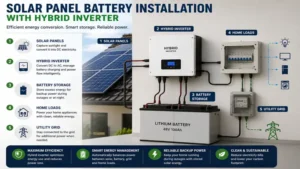 Solar panel battery installation with a hybrid inverter for efficient energy conversion and battery charging