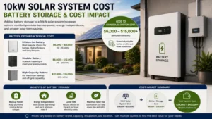 10kw solar system cost with battery storage, showing backup power, energy independence, and additional equipment expenses