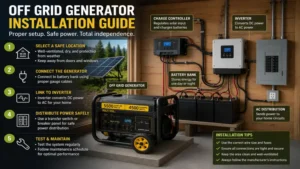 Off grid generator installation showing safe wiring and power distribution setup