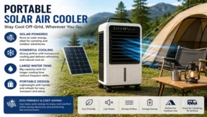 Portable solar air cooler providing refreshing cooling during camping and outdoor activities