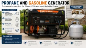 propane and gasoline generator with a secure propane tank connection for efficient operation