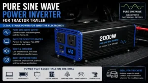 Pure sine wave power inverter for tractor trailer delivering stable power for sensitive electronic devices.