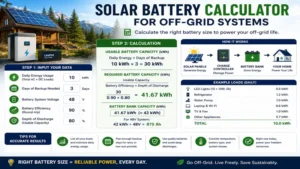 Solar battery calculator for sizing battery capacity for an off-grid solar power system with reliable backup energy.