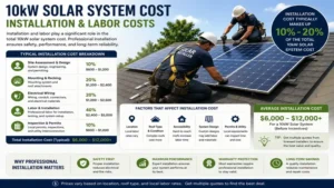 10kw solar system cost including professional installation, labor, mounting, wiring, permits, and site preparation