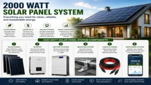 2000 watt solar panel system with solar panels, inverter, wiring, and battery storage