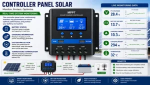 controller panel solar monitoring battery voltage, charging current, and system performance
