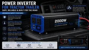 Power inverter for tractor trailer featuring overload protection, cooling fans, and built-in safety systems.