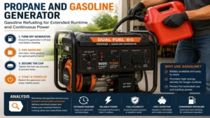propane and gasoline generator being safely refueled with gasoline for extended runtime