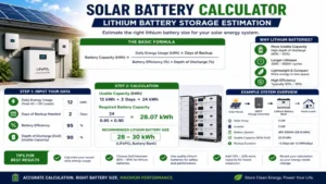 Solar battery calculator estimating lithium battery storage capacity for efficient residential solar energy systems.