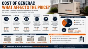 Cost of Generac influenced by generator size, fuel type, and installation requirements