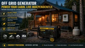 Off grid generator supplying electricity to a remote cabin in a rural location