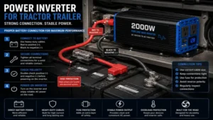 Heavy-duty battery cables connecting a power inverter for tractor trailer for efficient power conversion.