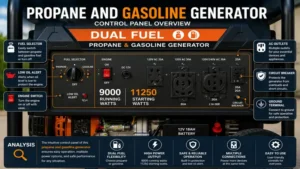 Close-up of the propane and gasoline generator control panel showing dual fuel controls and power outlets