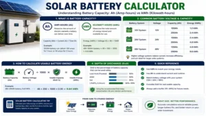 Solar battery calculator explaining battery capacity in amp-hours, kilowatt-hours, voltage, and usable energy calculations.