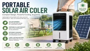 Portable solar air cooler with a compact design for easy transportation and outdoor use