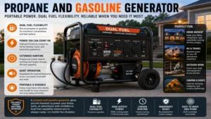 Portable propane and gasoline generator delivering reliable emergency power for home, RV, camping, and job sites