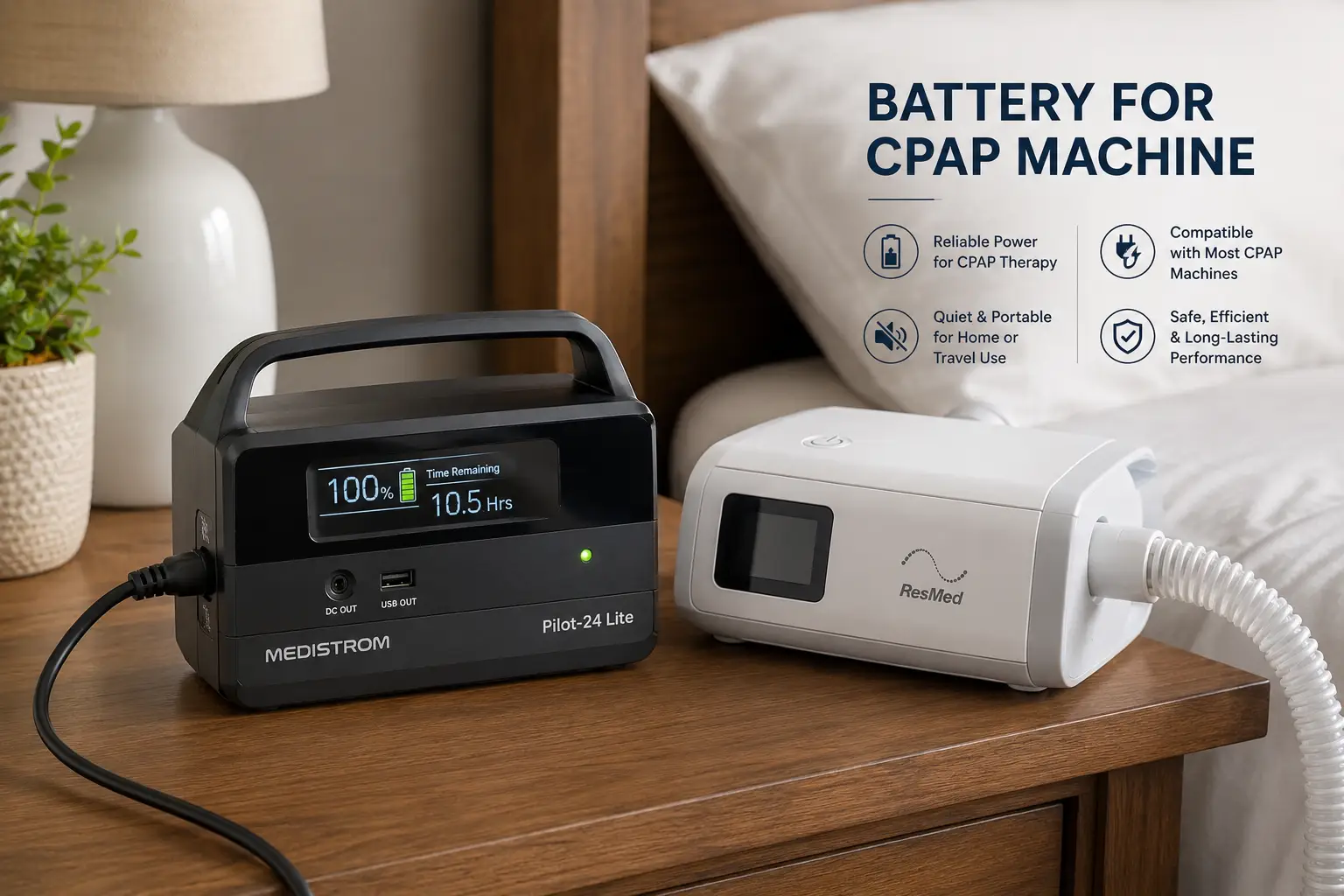 battery for CPAP machine providing portable backup power for a CPAP device beside a bed