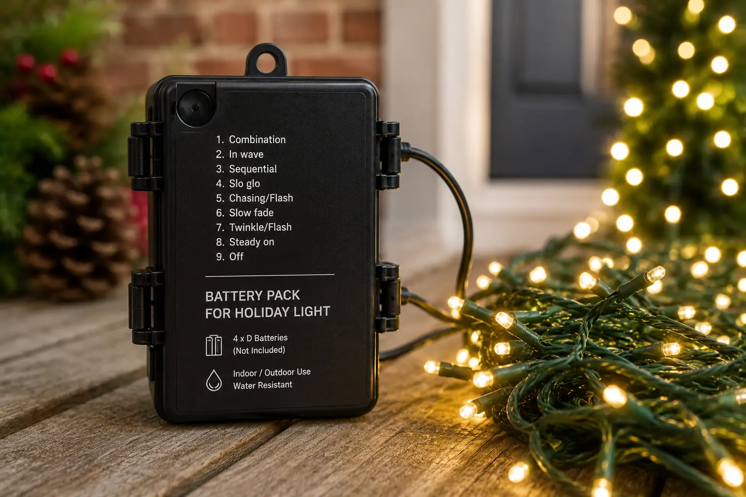Battery pack for holiday light with glowing string lights and outdoor indoor use
