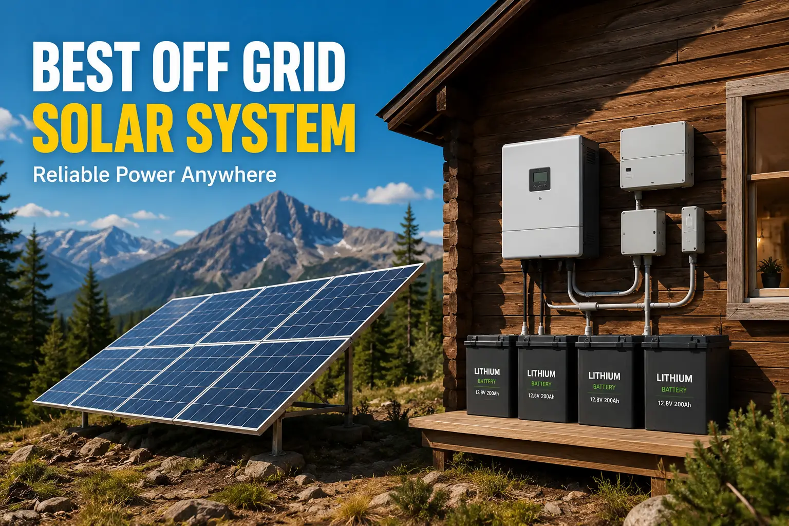 Best off grid solar system with solar panels, lithium batteries, and inverter powering a remote mountain cabin
